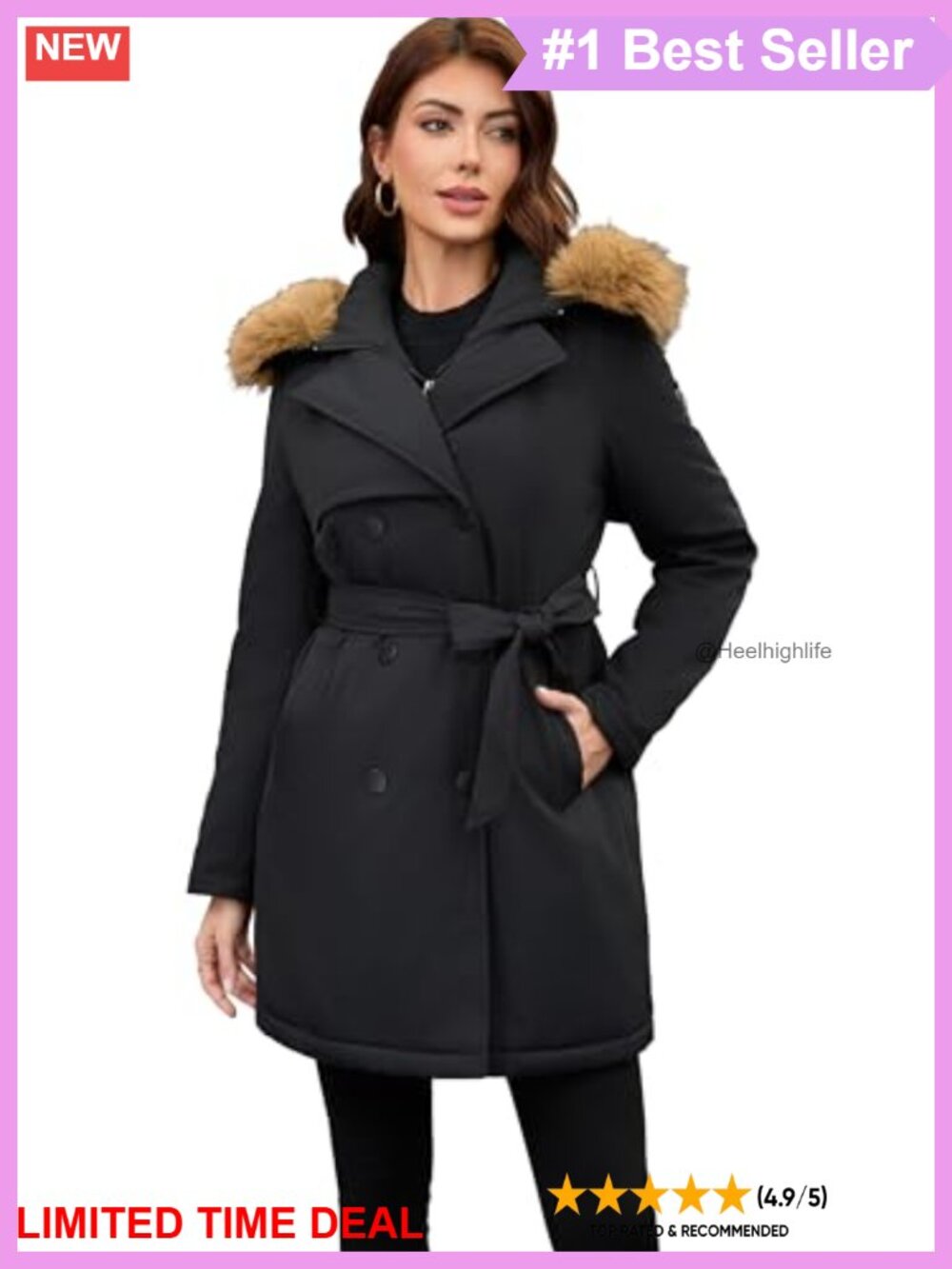Mid-Length Belted Trench Coat Detachable Faux Fur Collar Hooded